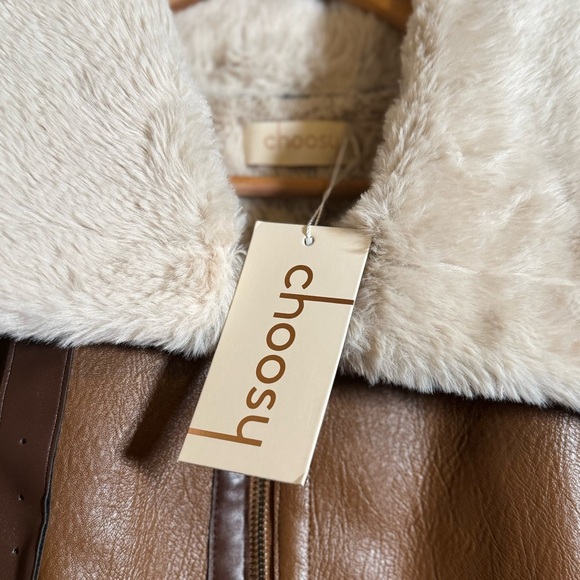 Choosy Amelia Shearling Jacket Aviator Vegan Faux Leather with Cream Accents XL - Picture 10 of 16